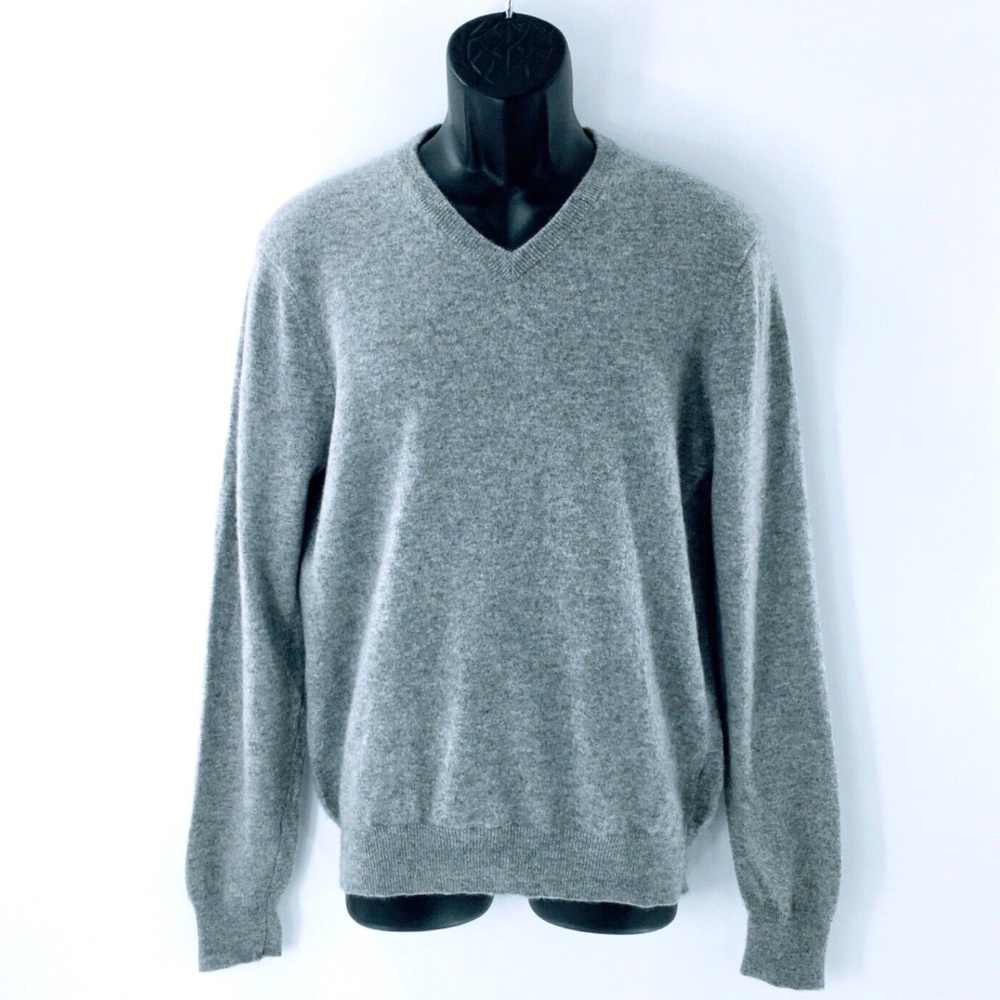 Mens Cashmere Sweater Grey V Neck Long Sleeve Pullover Jumper Williams Sz M